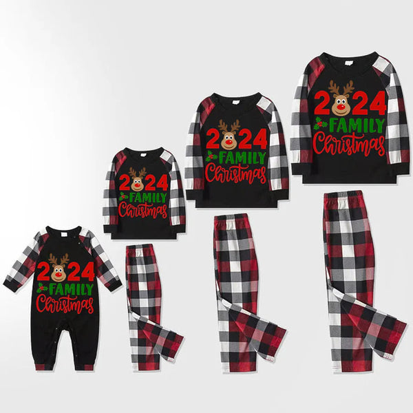 2024 Christmas Reindeer Print Black Plaid Family Pajama Set