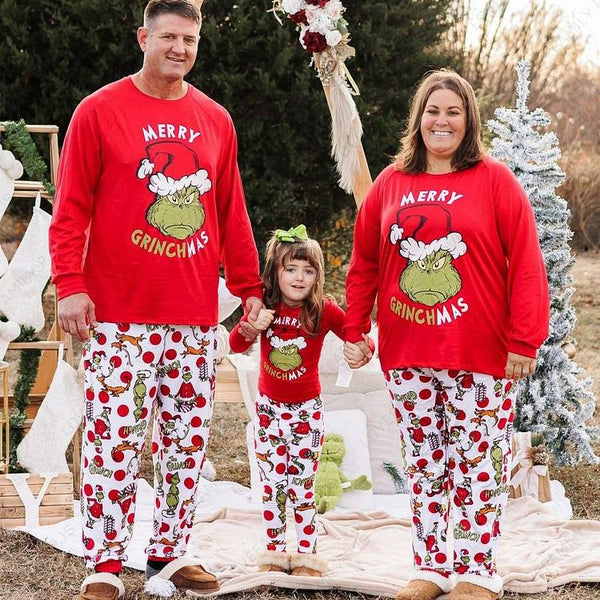 “Merry Christmas” Family Matching Grinch Cartoon Print Pajama Set