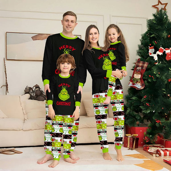 Christmas Grinch Cartoon Print Family Matching Long Sleeve Pajama Set