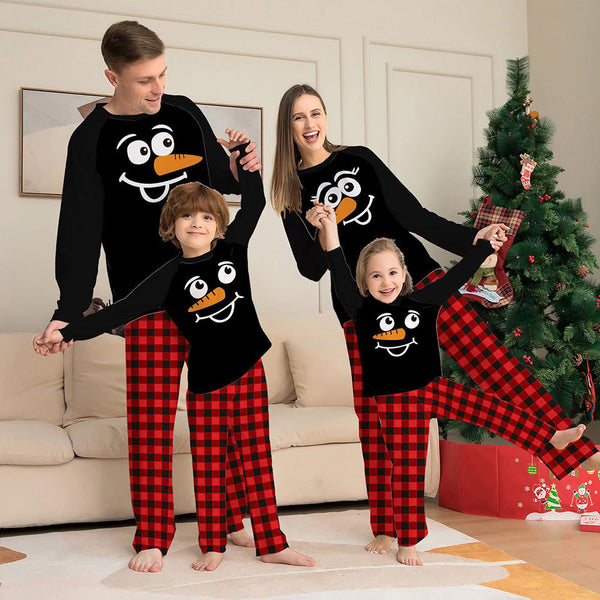 Snowman Plaid Print Round Neck Long Sleeve Christmas Family Pajamas